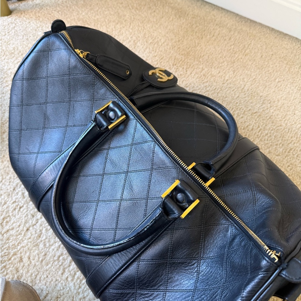 CHANEL Black Quilted Leather Travel Weekender with Gold Logo Charm - Picture 9 of 13